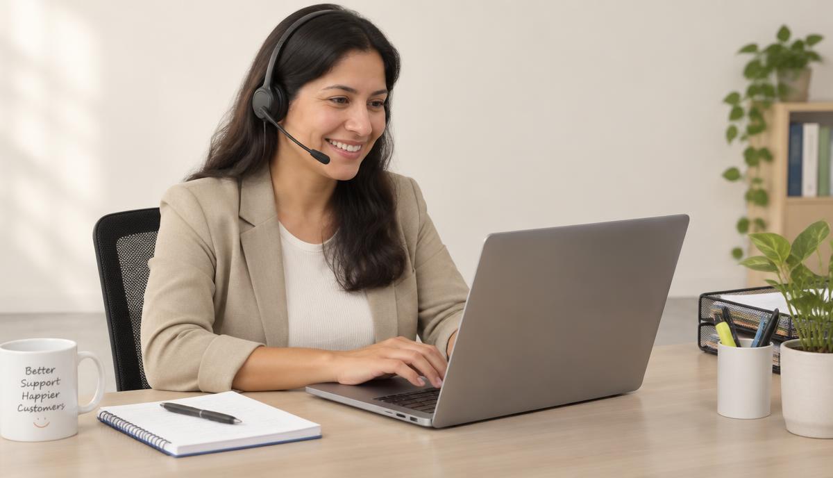 Una profesional con auriculares atiende a clientes desde su portátil