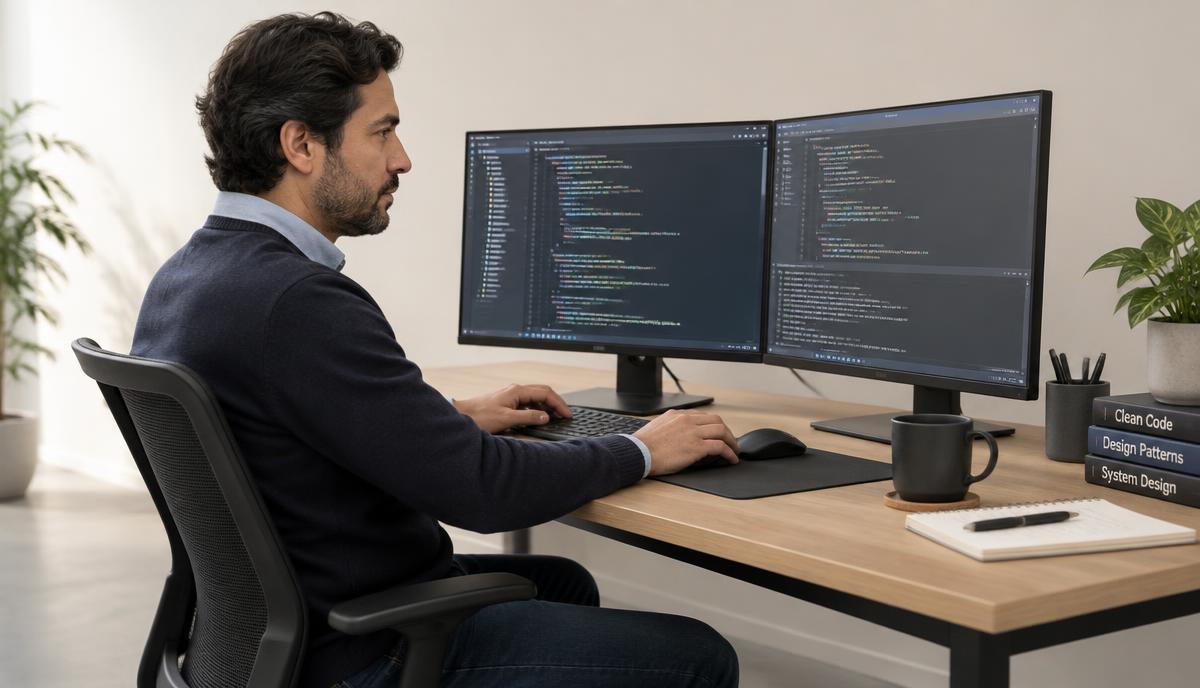 Un desarrollador programa con dos monitores