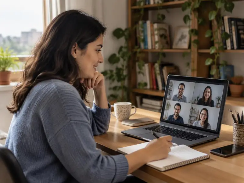 Una profesional, desde su casa, en una videollamada con el equipo